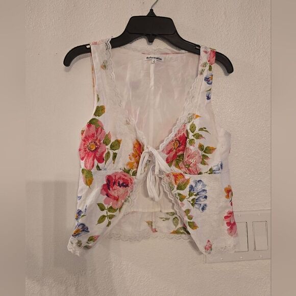Reformation Rosalie White Floral Linen Top Size 0 - Picture 2 of 9